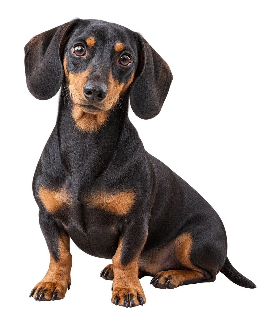 Black and tan dachshund sitting at an angle