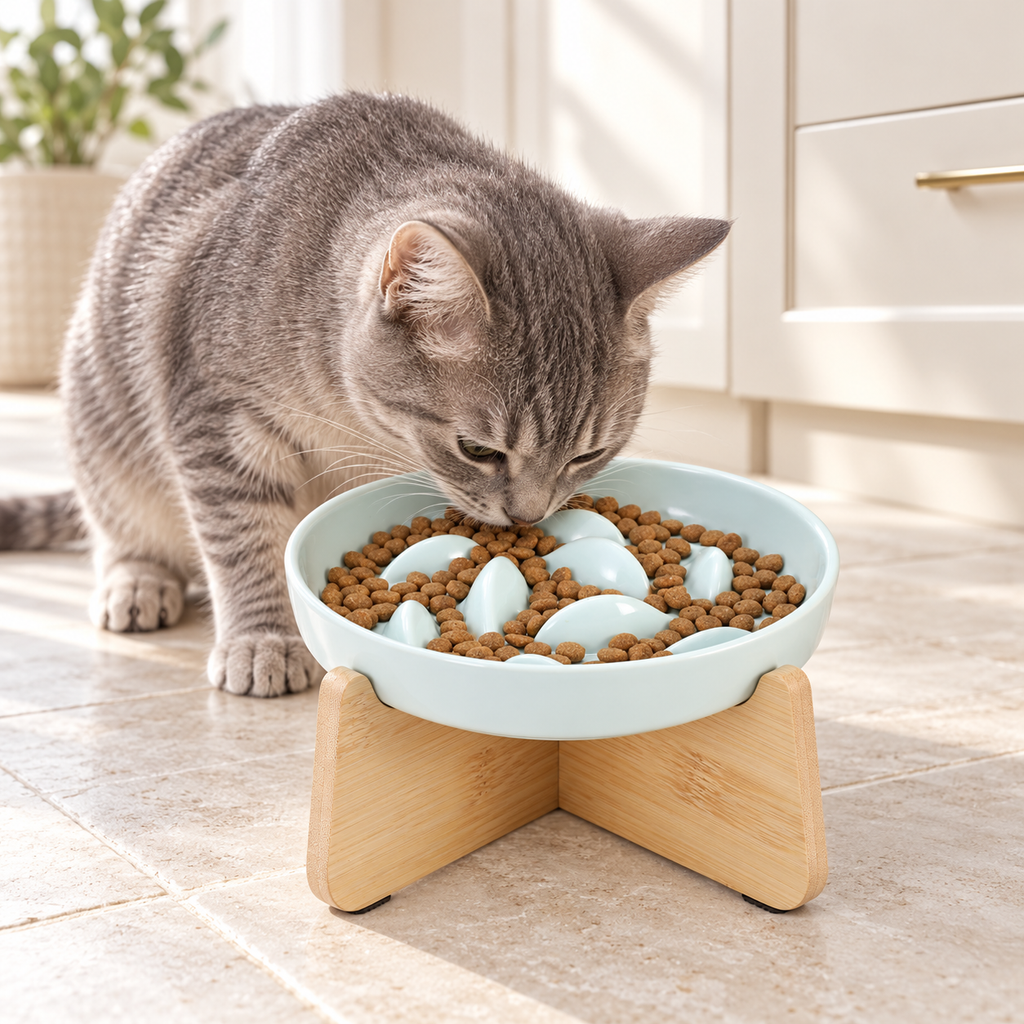 Grey cat eating from the pale mint fish-pattern bowl on its stand