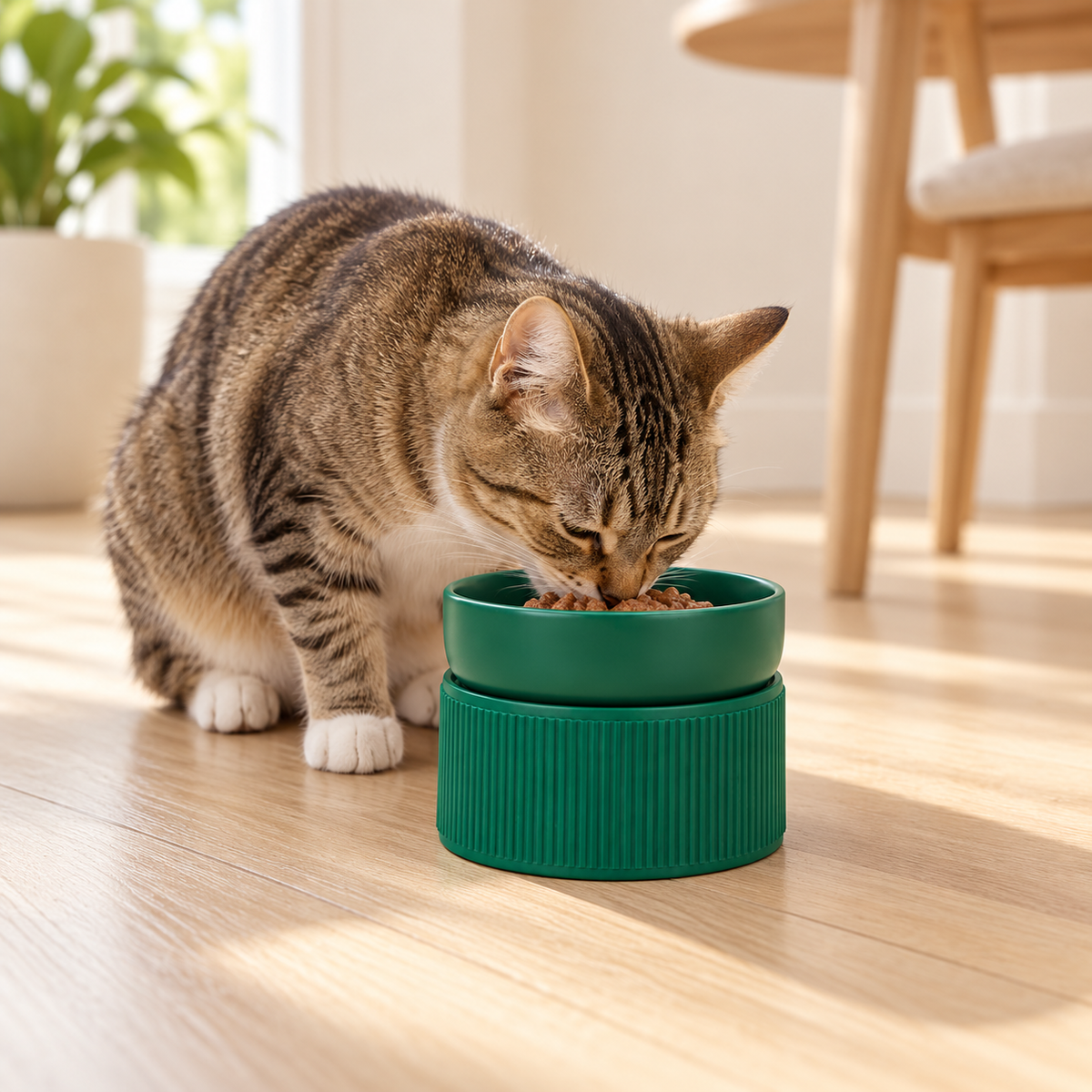 Green ceramic cat bowl in use by a tabby cat