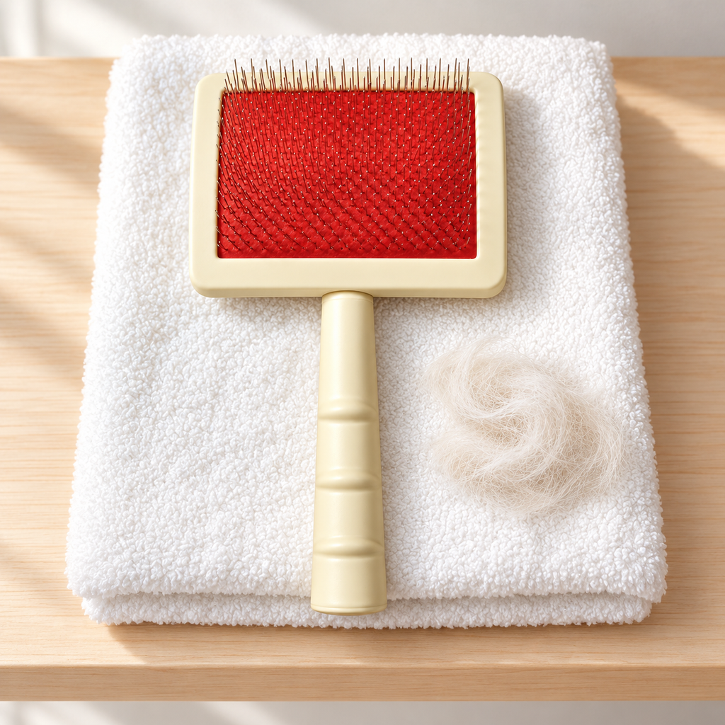 Universal Slicker Dog Grooming Brush – Small in a practical grooming setting without people