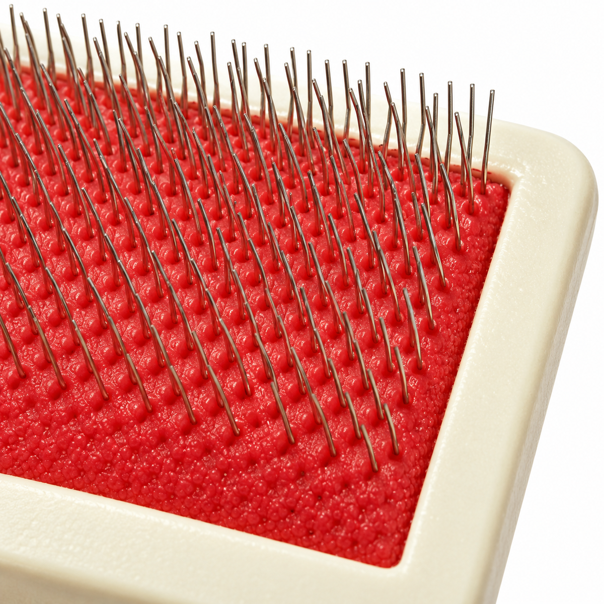 Universal Slicker Dog Grooming Brush – Small – steel pins and red cushion detail