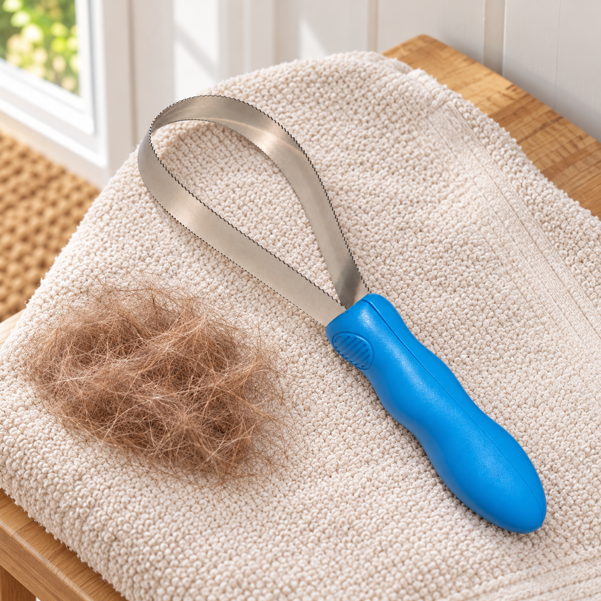 Dual-Sided Stainless Steel Dog Shedding Blade – Blue in a practical grooming setting without people