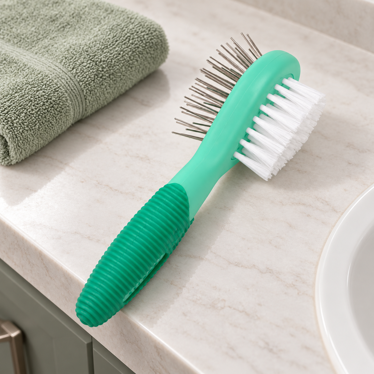 Coastal Pet Lil Pals Double-Sided Dog Brush – Green in a practical grooming setting without people
