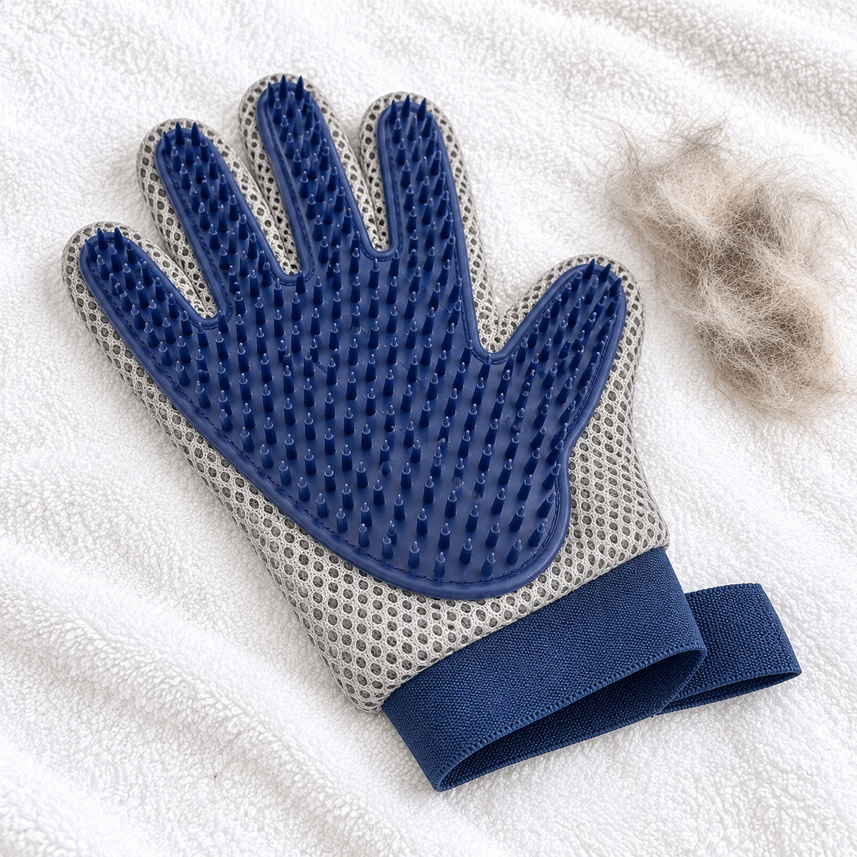 Magic Coat Love Glove Dog Grooming Mitt – Navy & Grey in a practical grooming setting without people