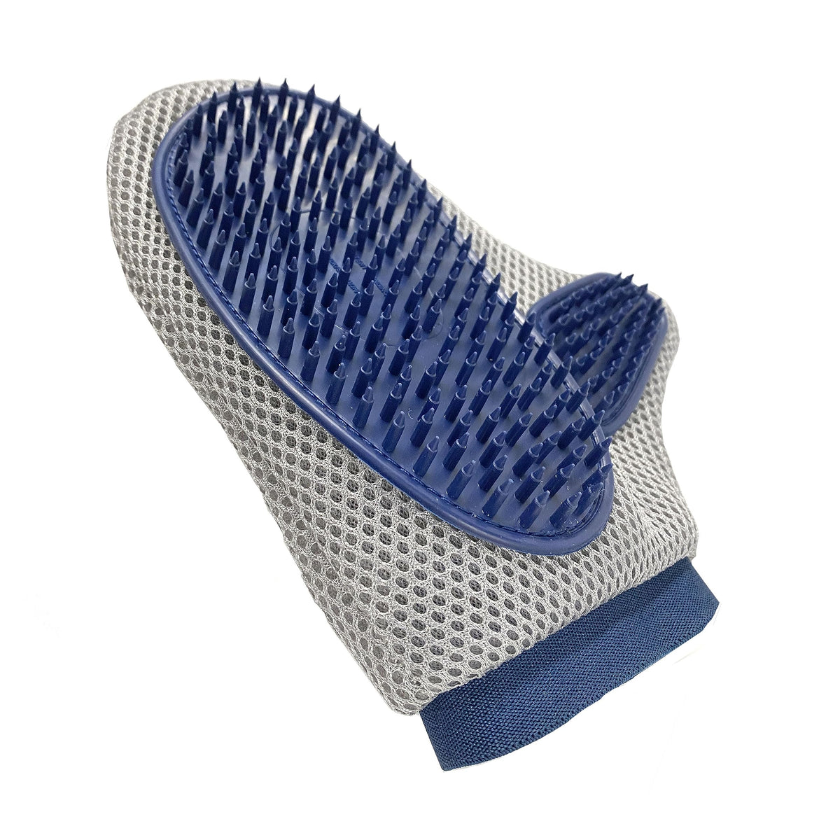 Navy and grey rubber-bristle grooming mitt on white