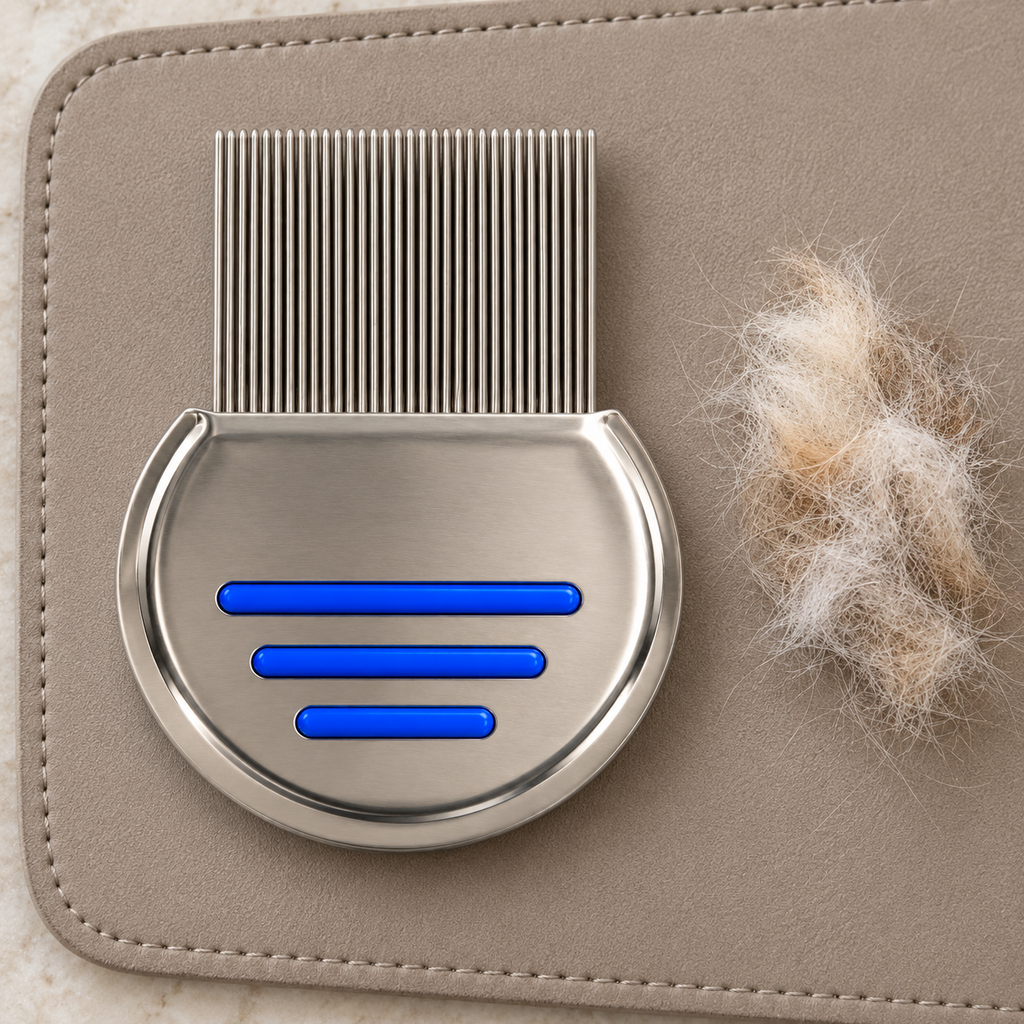 Fine-Tooth Stainless Steel Dog Grooming Comb – Blue in a practical grooming setting without people