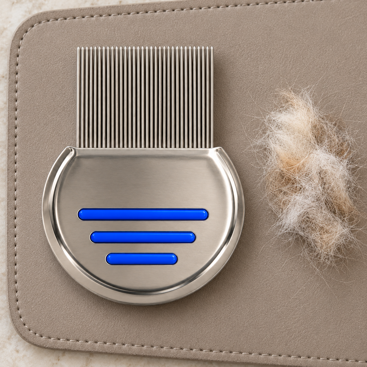 Fine-Tooth Stainless Steel Dog Grooming Comb – Blue in a practical grooming setting without people