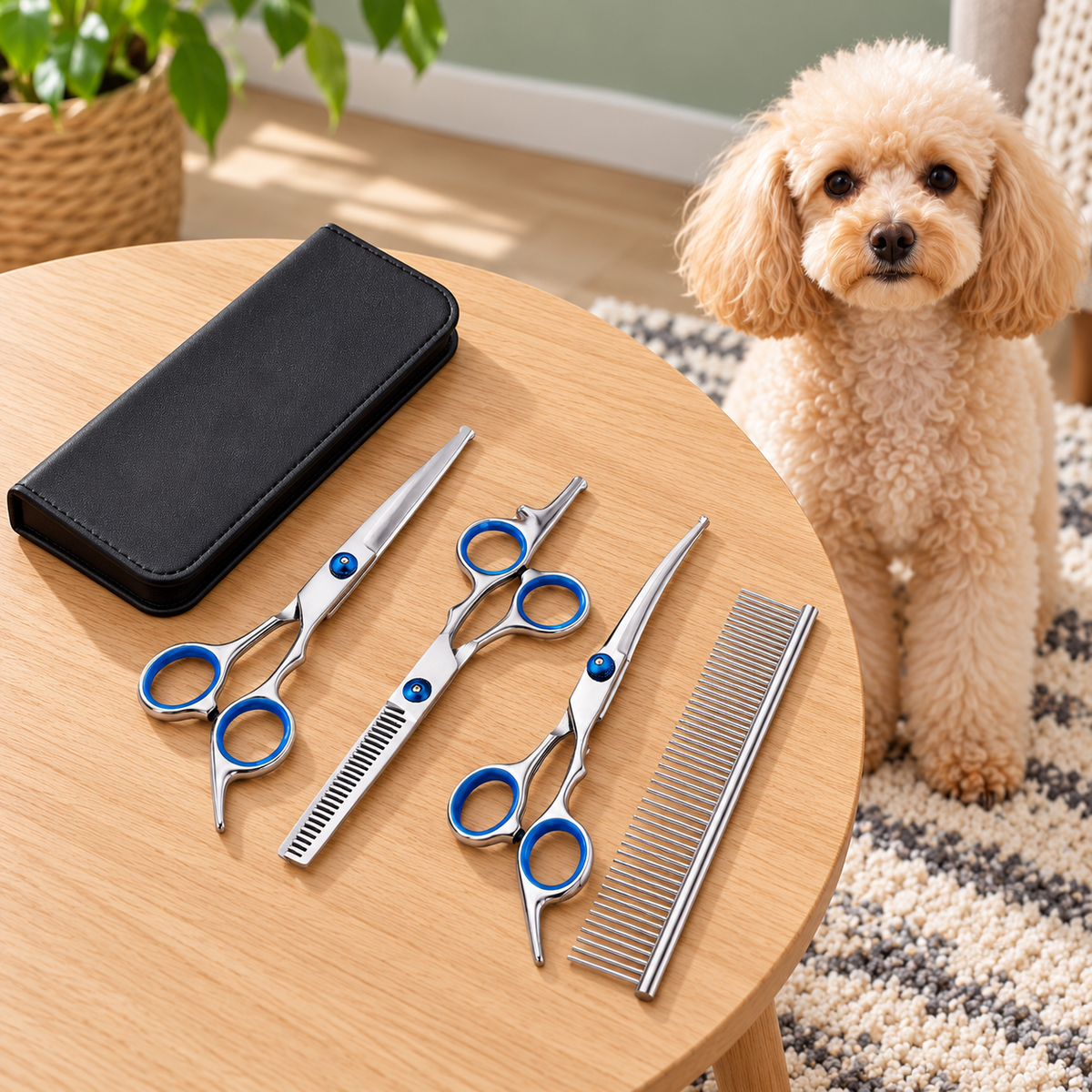 Liren grooming scissors and comb set beside a small poodle