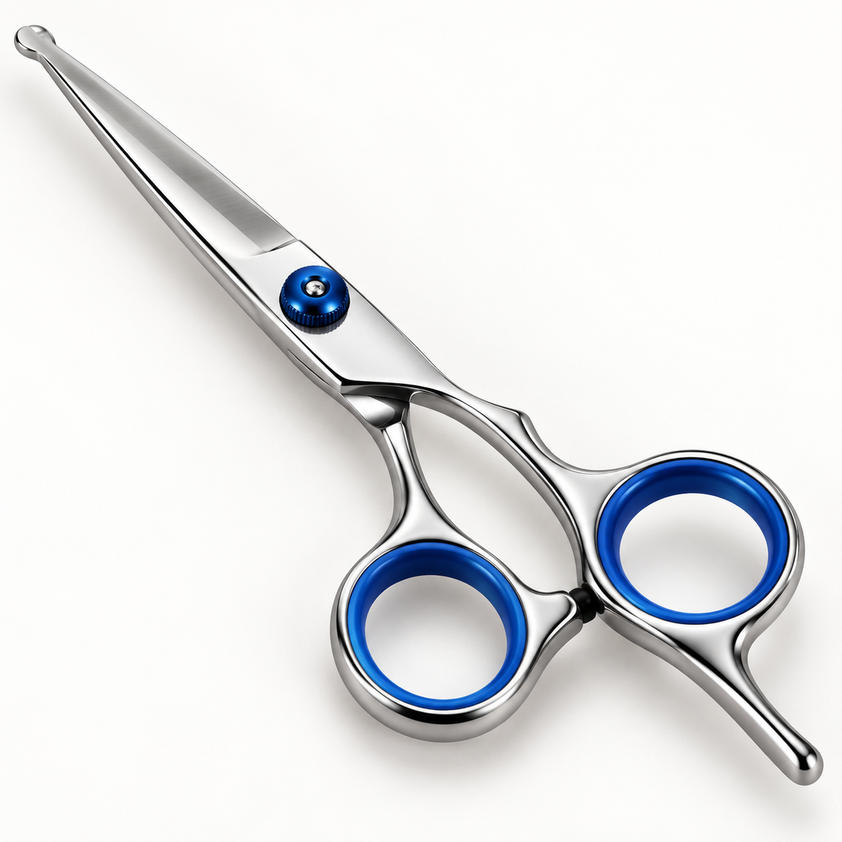 Detail of rounded shear tips, blue pivot and finger rings
