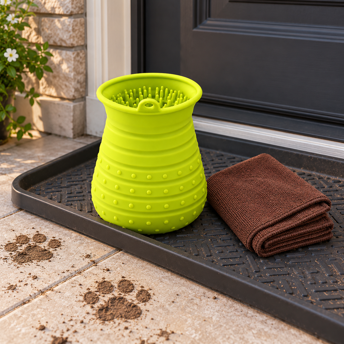 Idepet Silicone Dog Paw Cleaner Cup with Towel – Green in a practical grooming setting without people