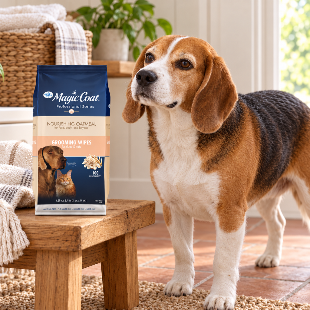 Magic Coat 100-count grooming wipes beside a beagle