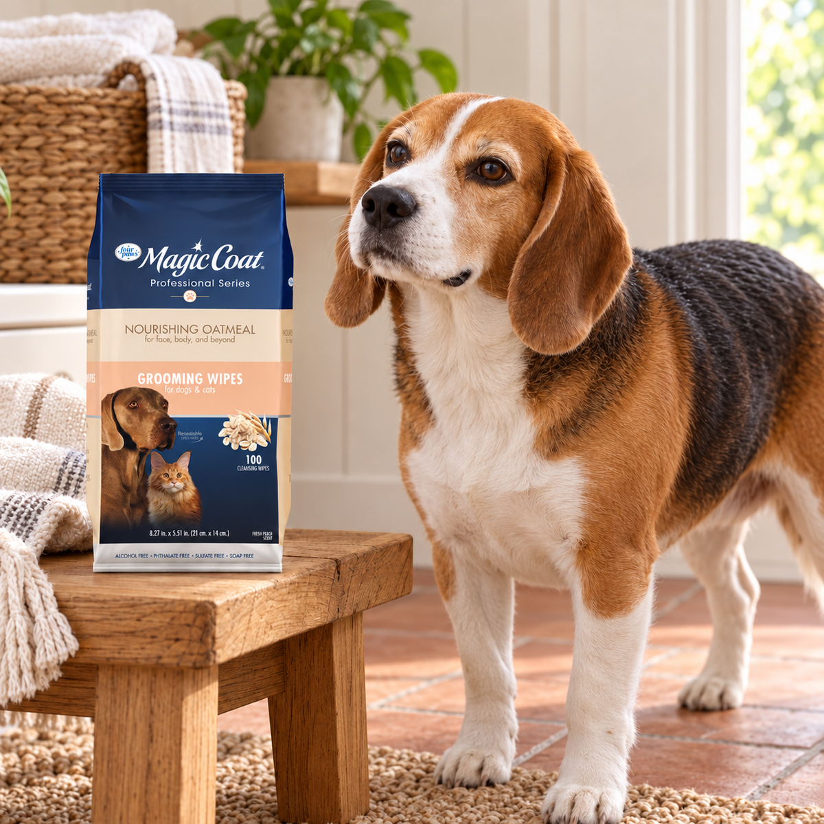 Magic Coat 100-count grooming wipes beside a beagle