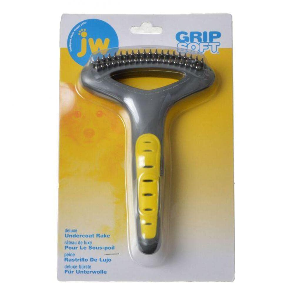 JW Pet GripSoft double-row undercoat rake in supplier packaging