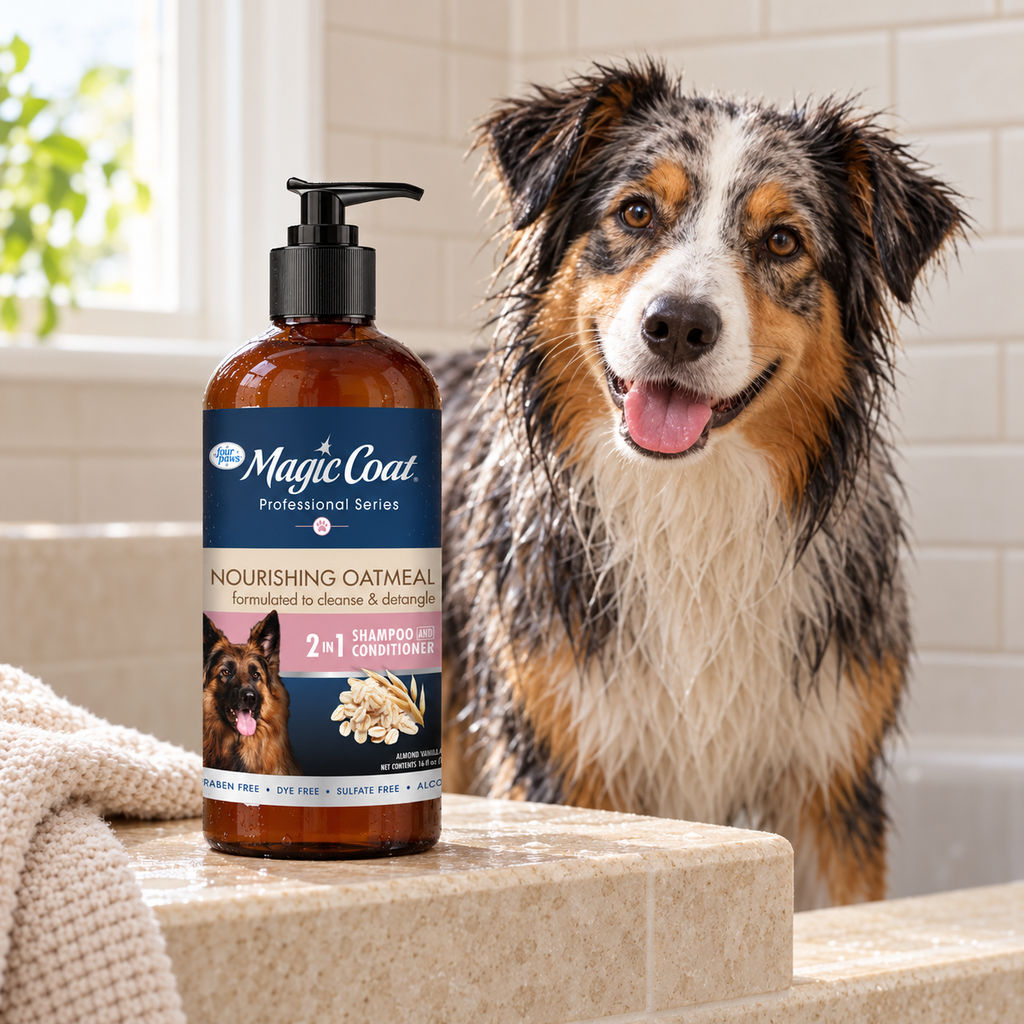 Magic Coat 2-in-1 dog shampoo beside a damp Australian Shepherd