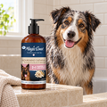 Magic Coat 2-in-1 dog shampoo beside a damp Australian Shepherd