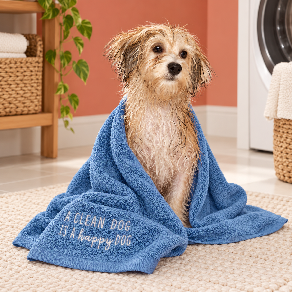 Riviera blue cotton towel wrapped around a small dog after bathing