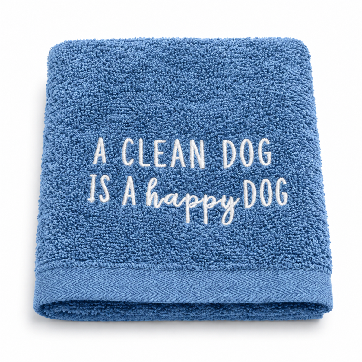 Single folded blue DAN RIVER dog towel with embroidered text
