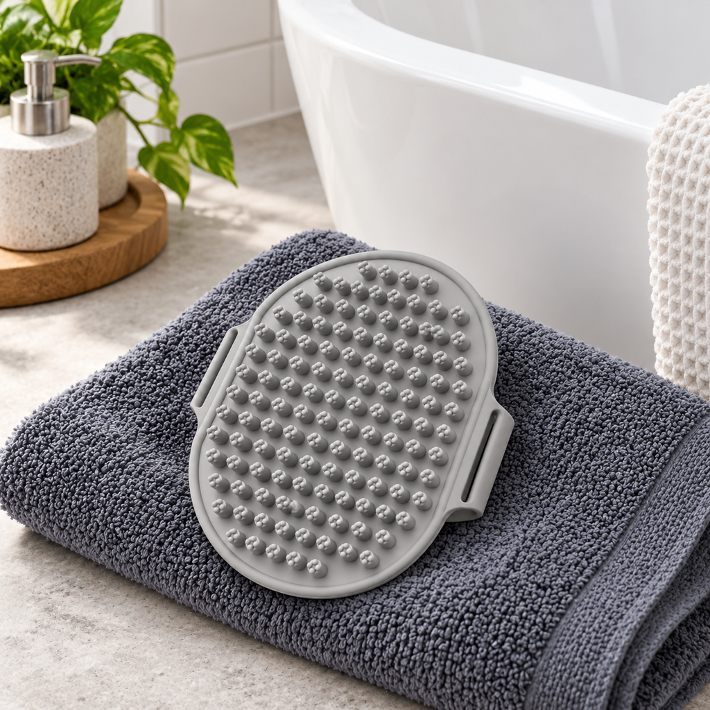 Bubble Hands Silicone Dog Bath Brush – Grey in a practical grooming setting without people