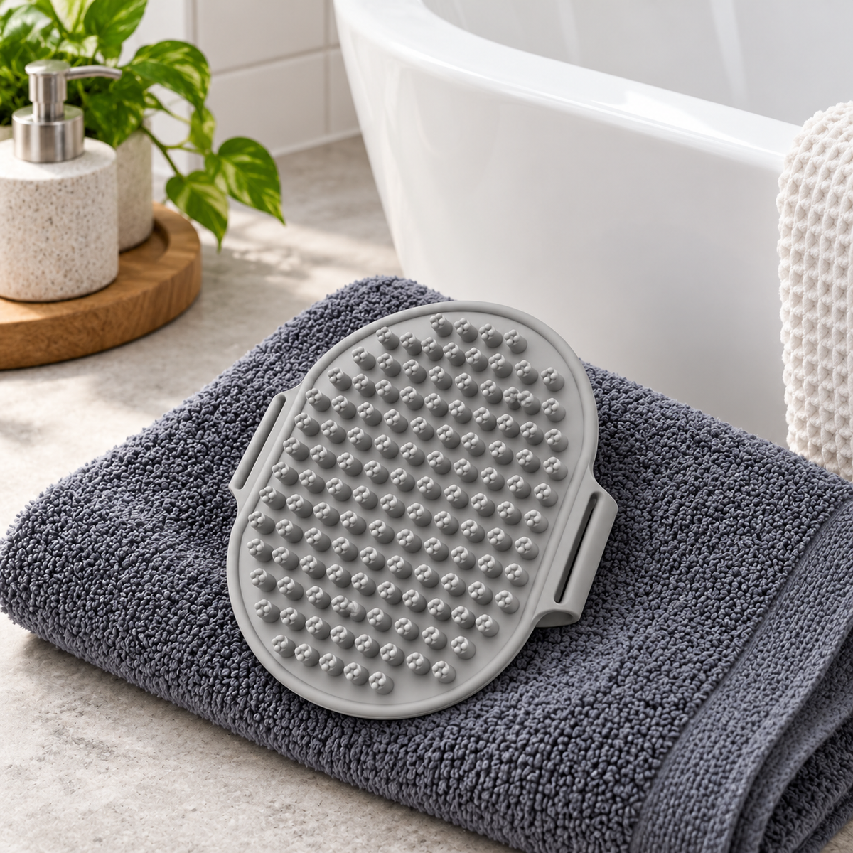 Bubble Hands Silicone Dog Bath Brush – Grey in a practical grooming setting without people