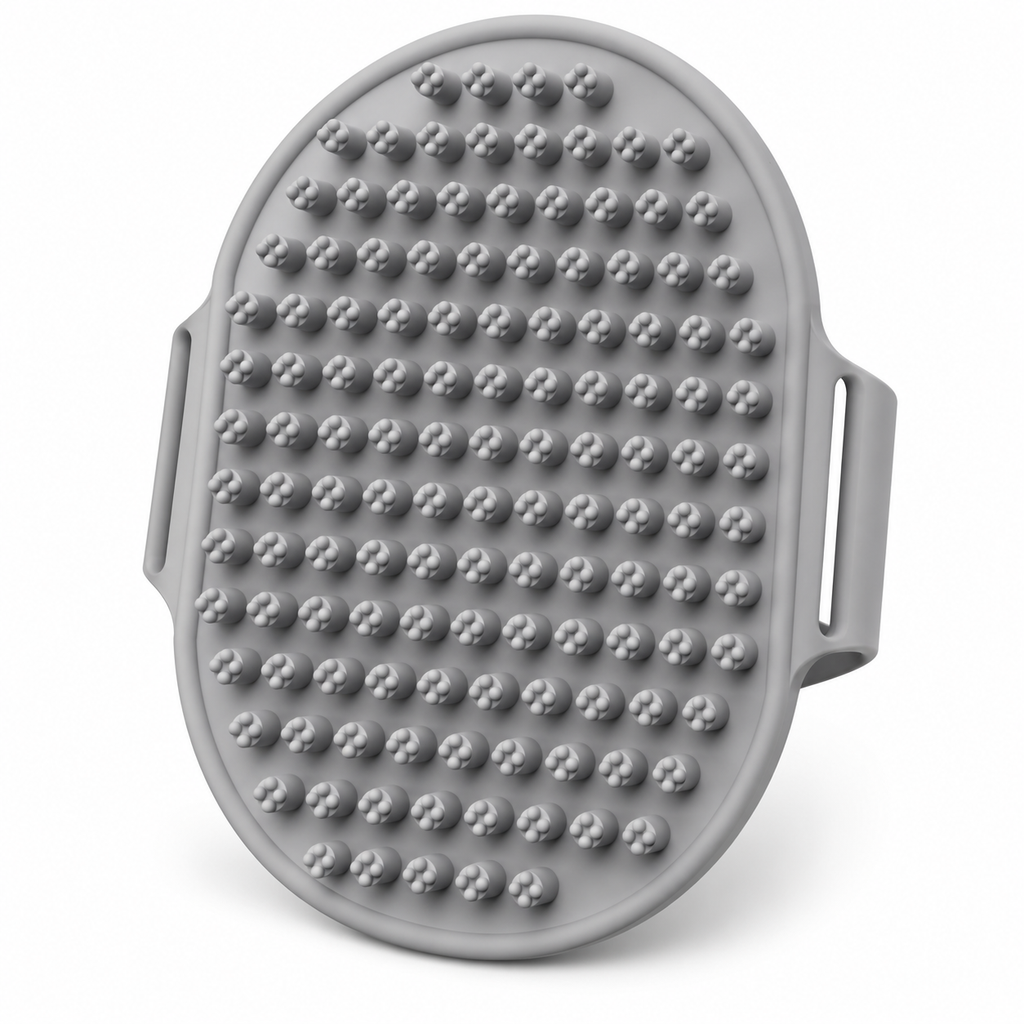 Single grey silicone dog bath brush on white