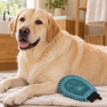 Pacific Blue grooming mitt beside a relaxed Labrador after a bath