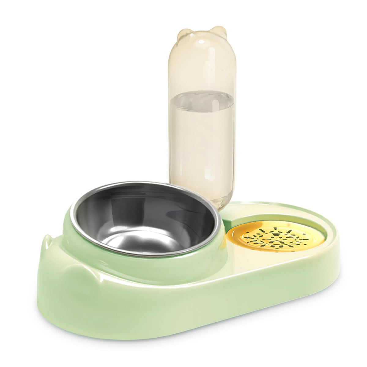 Green feeding station with steel food bowl, bottle and water dish