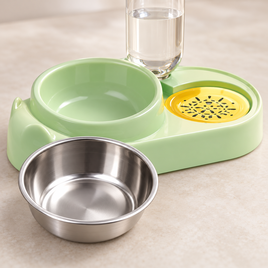 Removable steel food bowl and yellow water-dish spacer