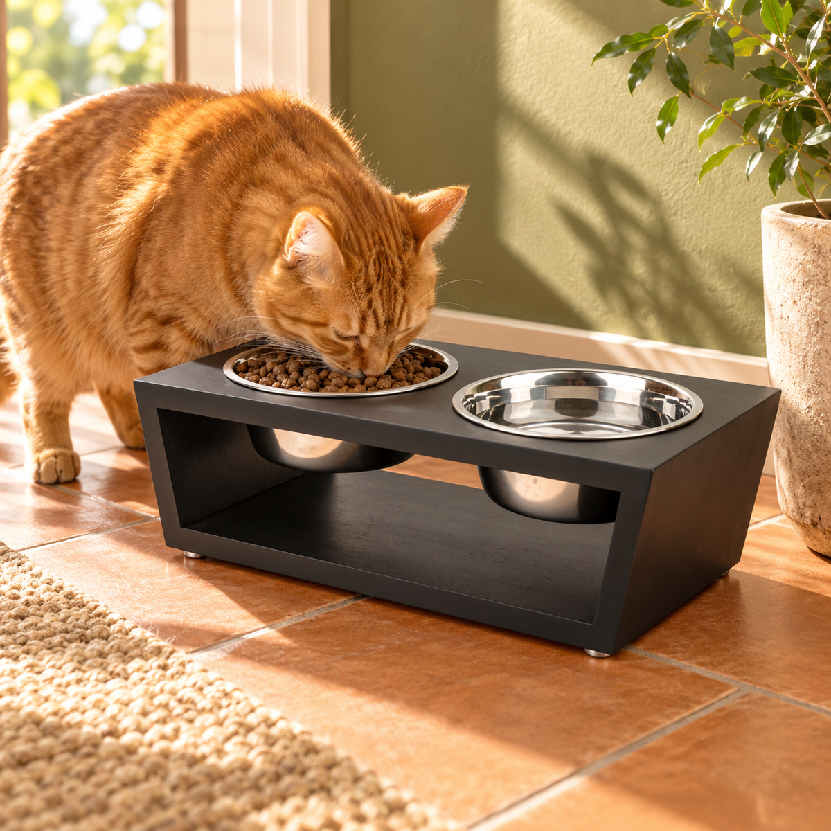 Ginger cat using the black double bowl feeding station