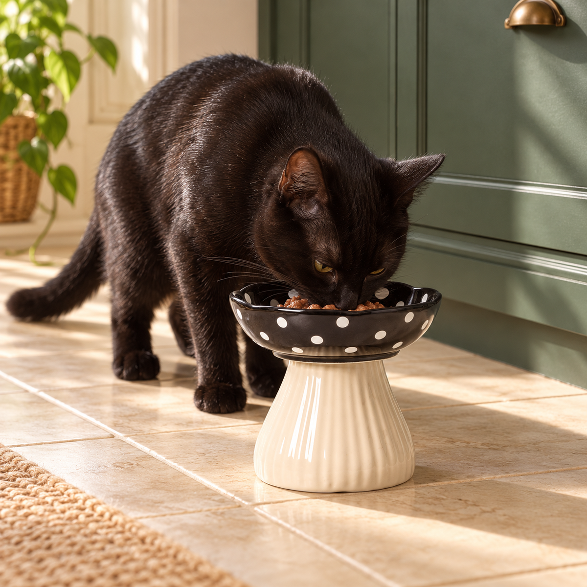 Black cat using the black-and-white mushroom ceramic bowl