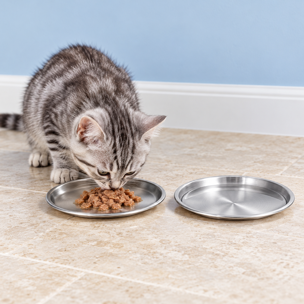 Silver tabby cat eating from one of two shallow stainless steel dishes