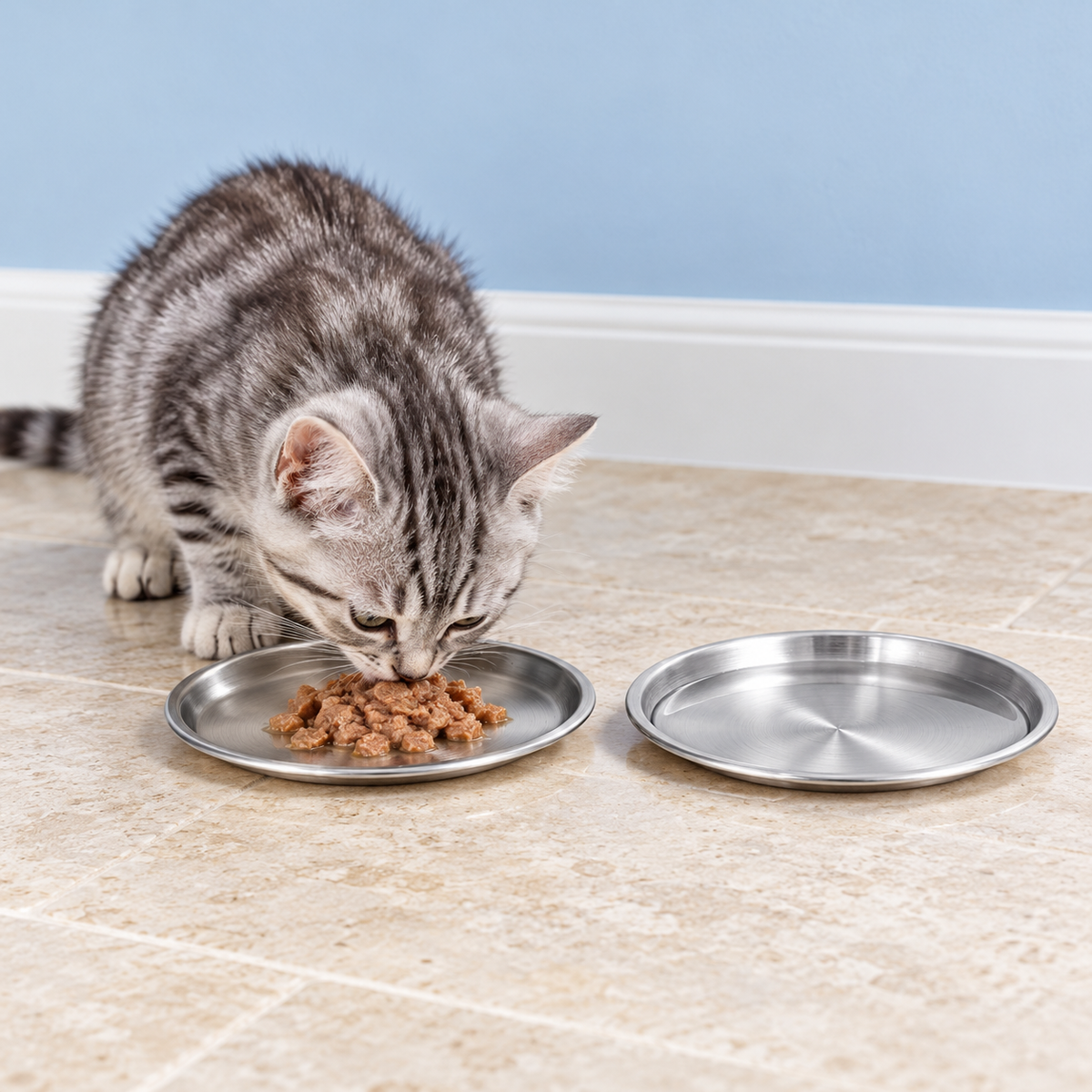 Silver tabby cat eating from one of two shallow stainless steel dishes