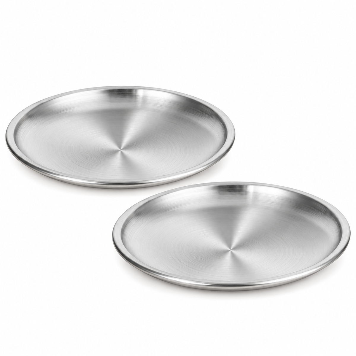 Two shallow stainless steel cat dishes on white