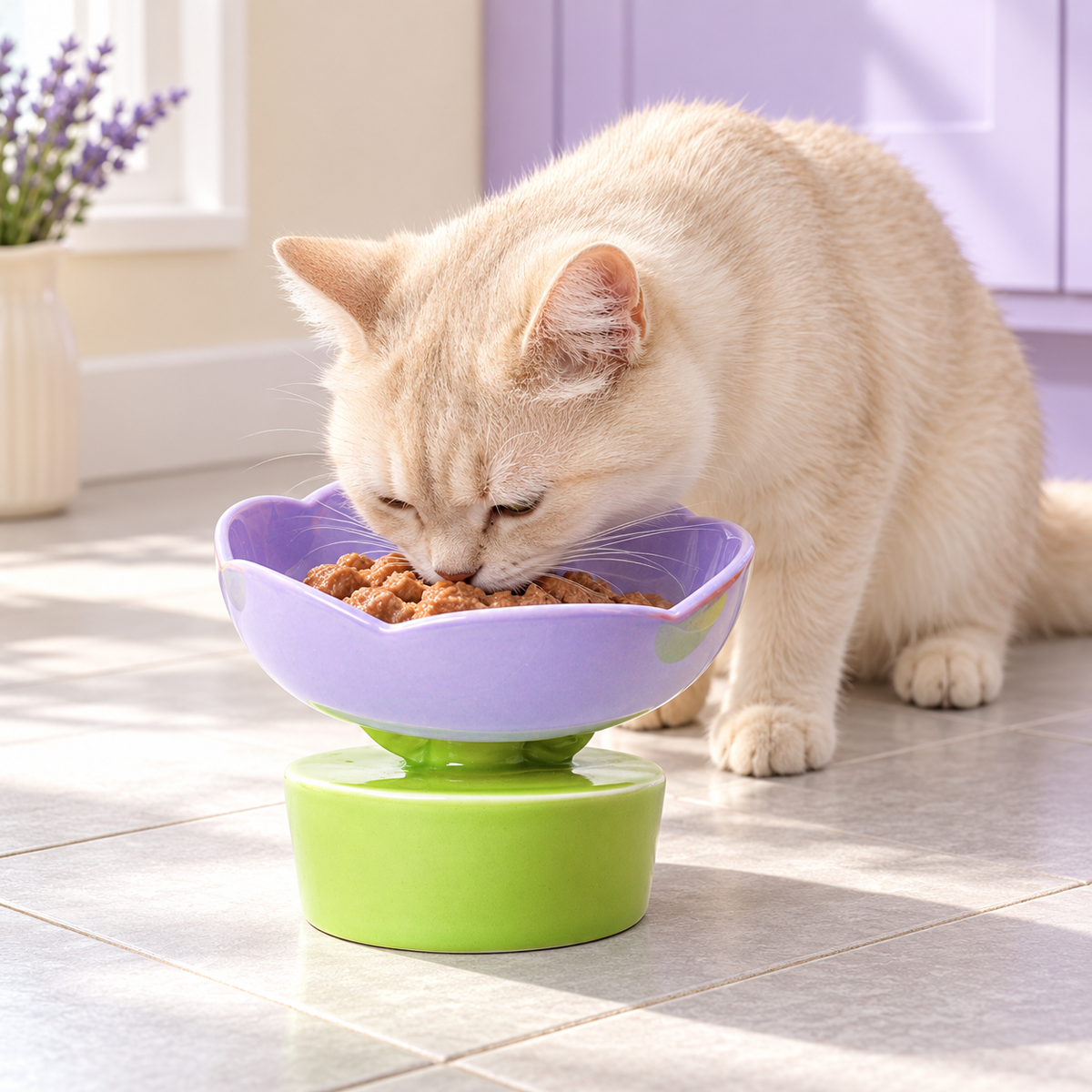 Cream cat eating from the purple flower-shaped bowl on green base