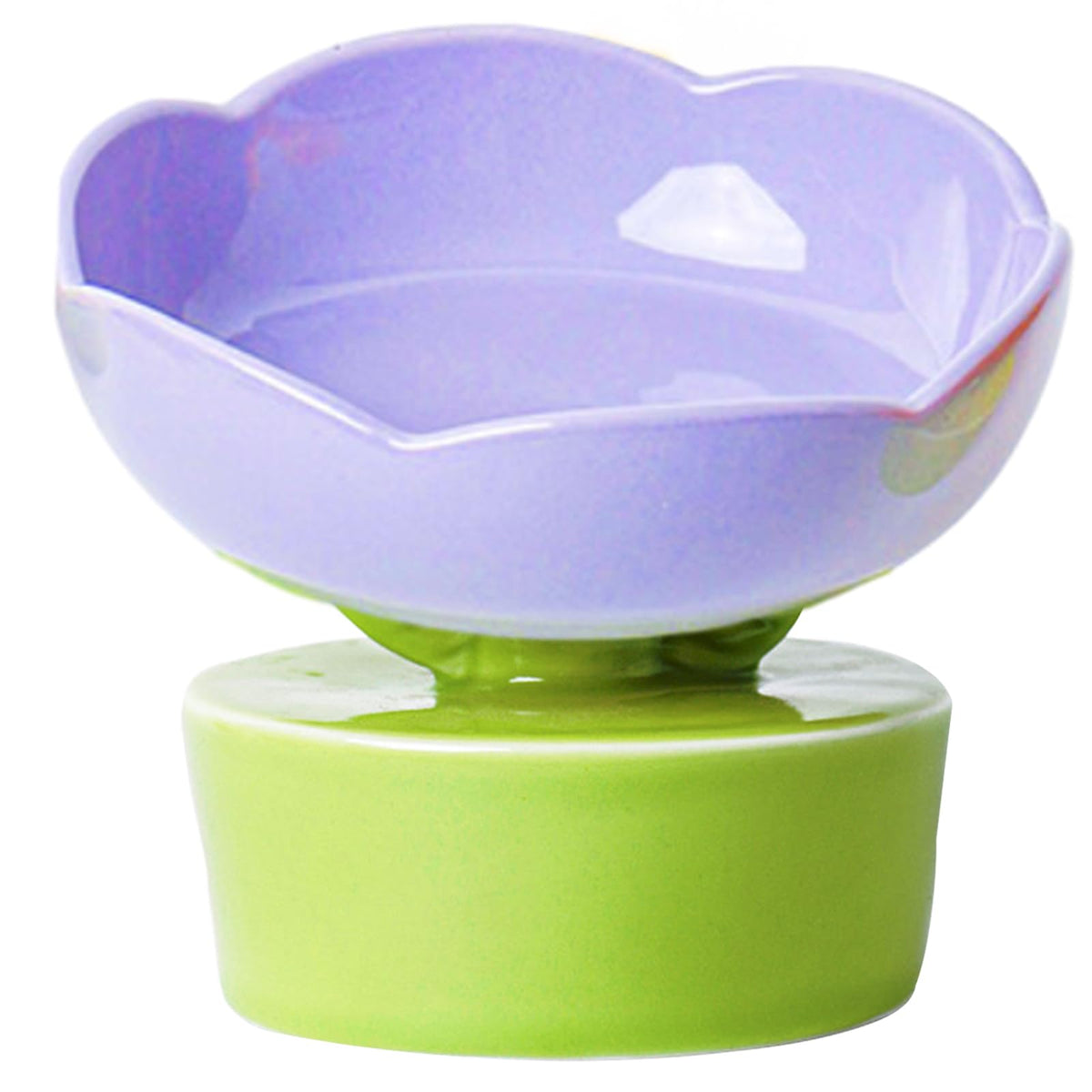 Purple ceramic flower bowl with its green pedestal