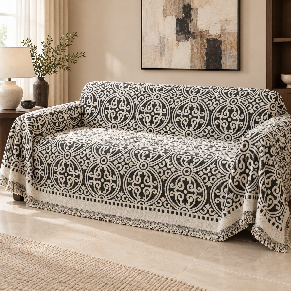 Black and ivory medallion throw cover on sofa
