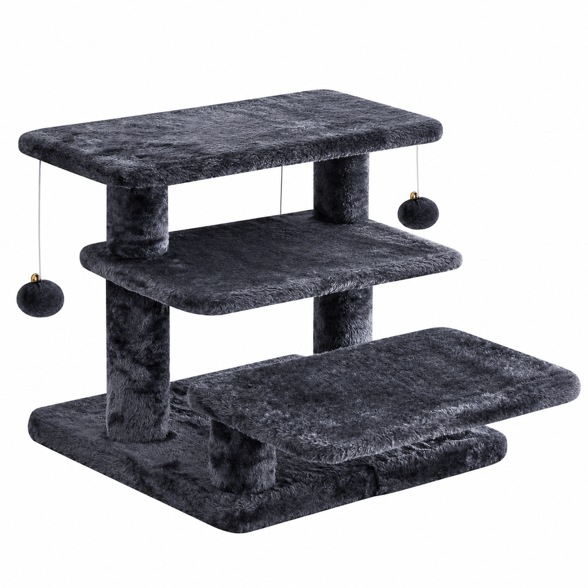Smoky grey Furcato three-step cat stairs with two hanging toy balls on a white background