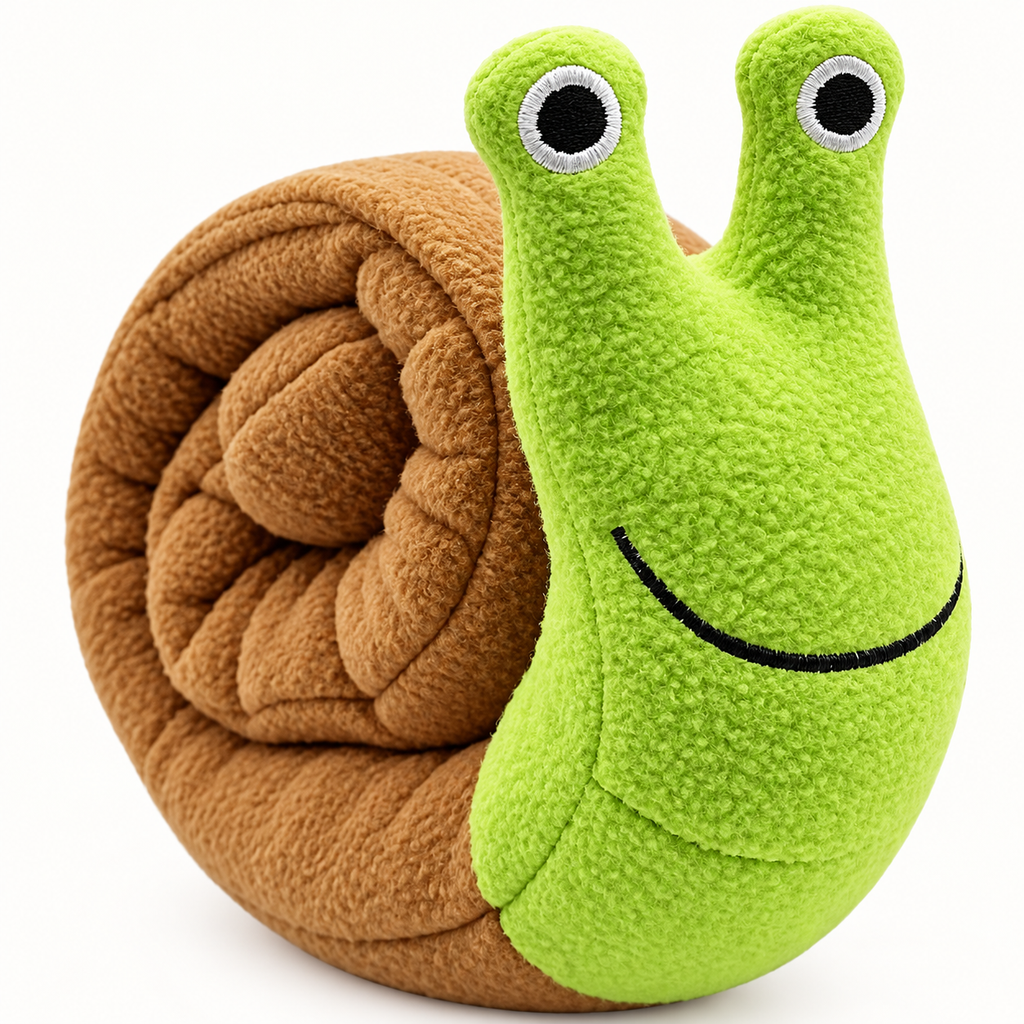 Close-up of the snail toy's brown plush spiral and embroidered green face