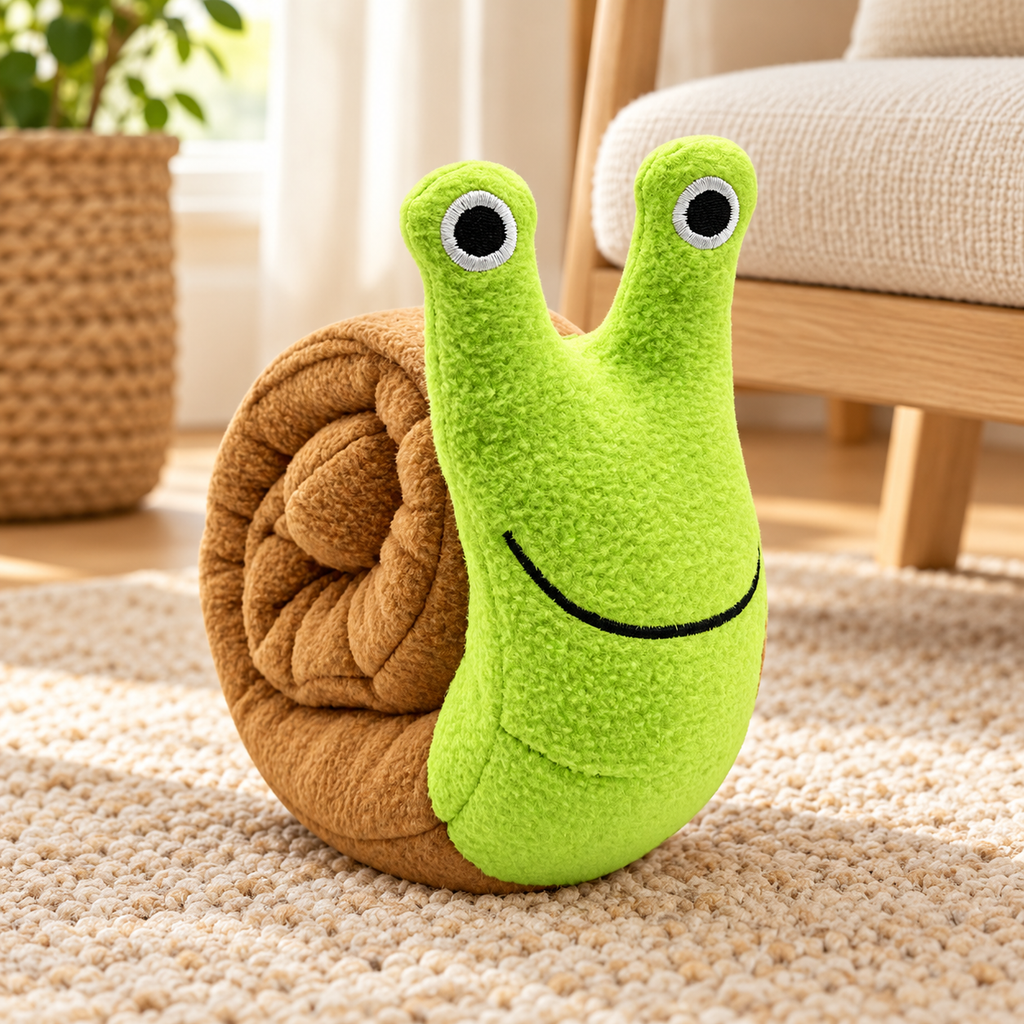 Green and brown plush snail dog toy on a rug in a reading nook