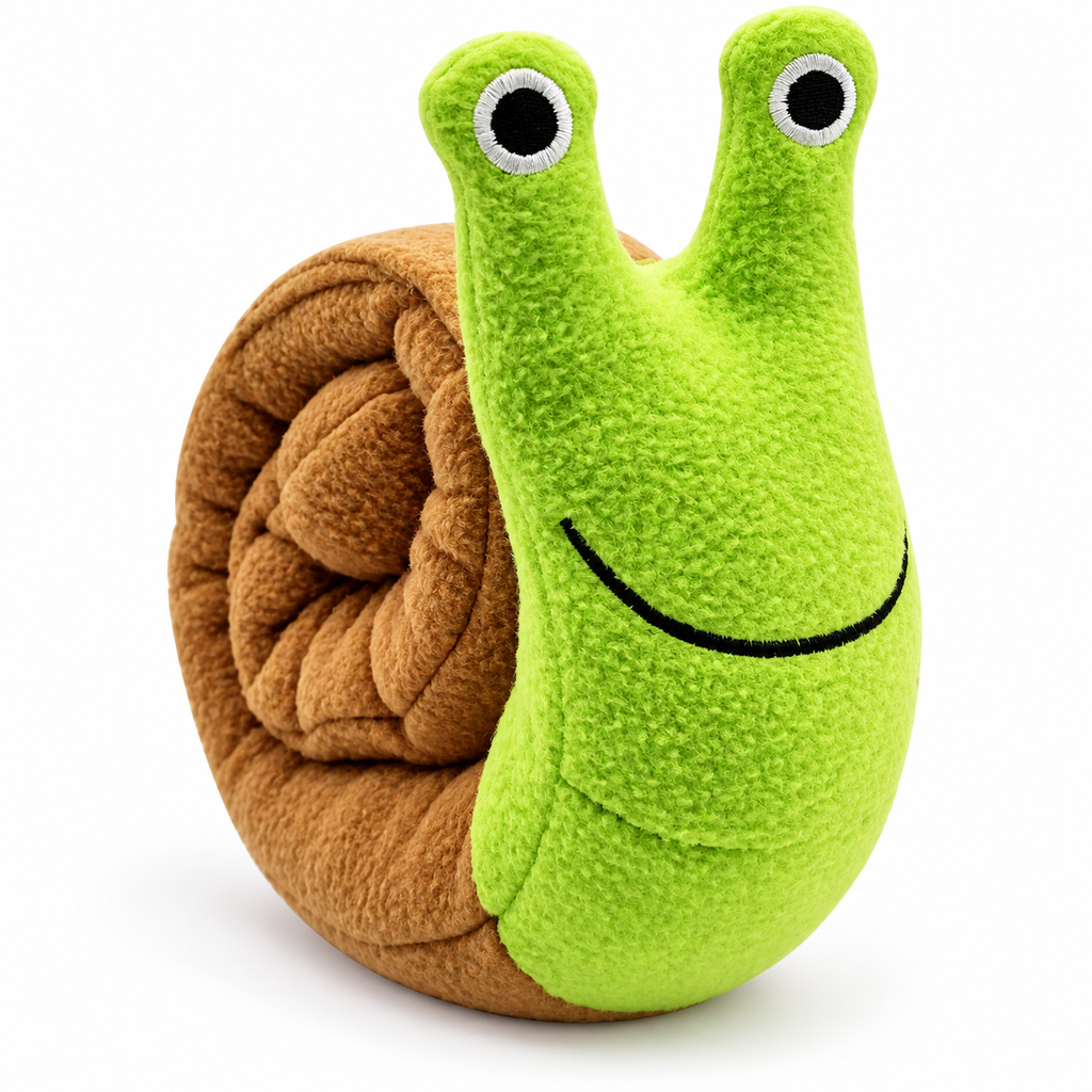 Single rolled green and brown plush snail dog toy on a white background