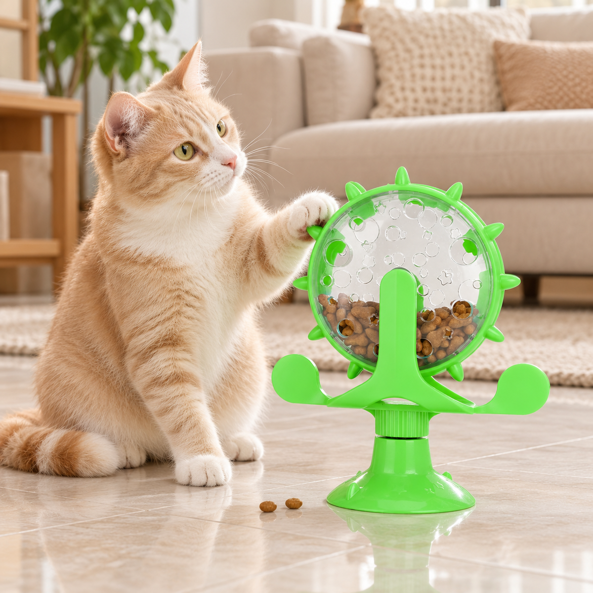 Cream ginger cat nudging green treat wheel