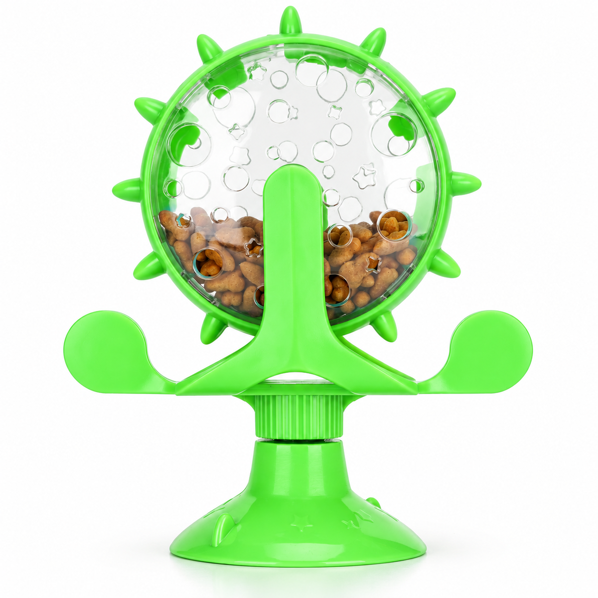 Green rotating cat treat wheel on white