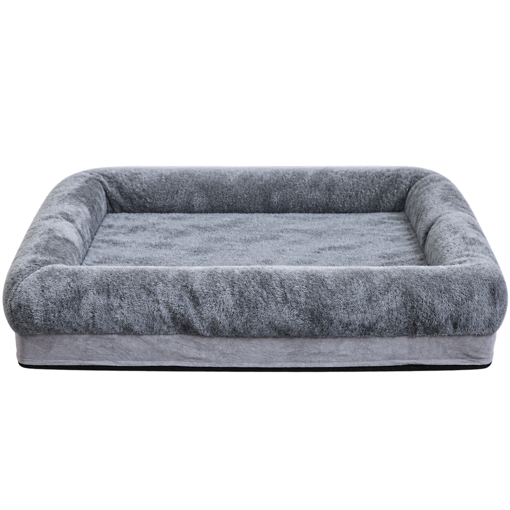 Grey plush four-sided dog bed, isolated