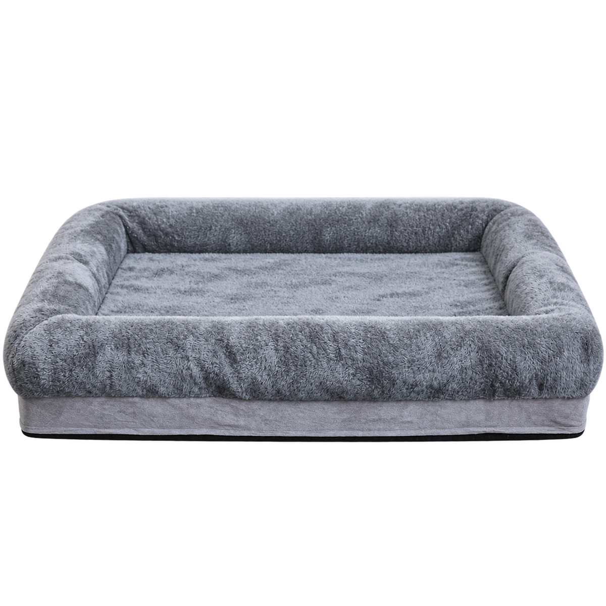 Grey plush four-sided dog bed, isolated