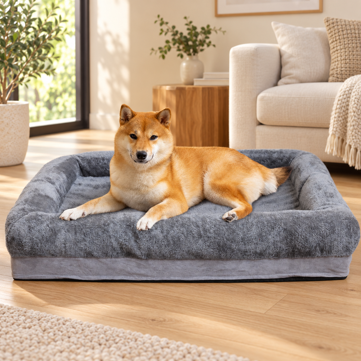 Shiba Inu resting in grey four-sided dog bed in a living room