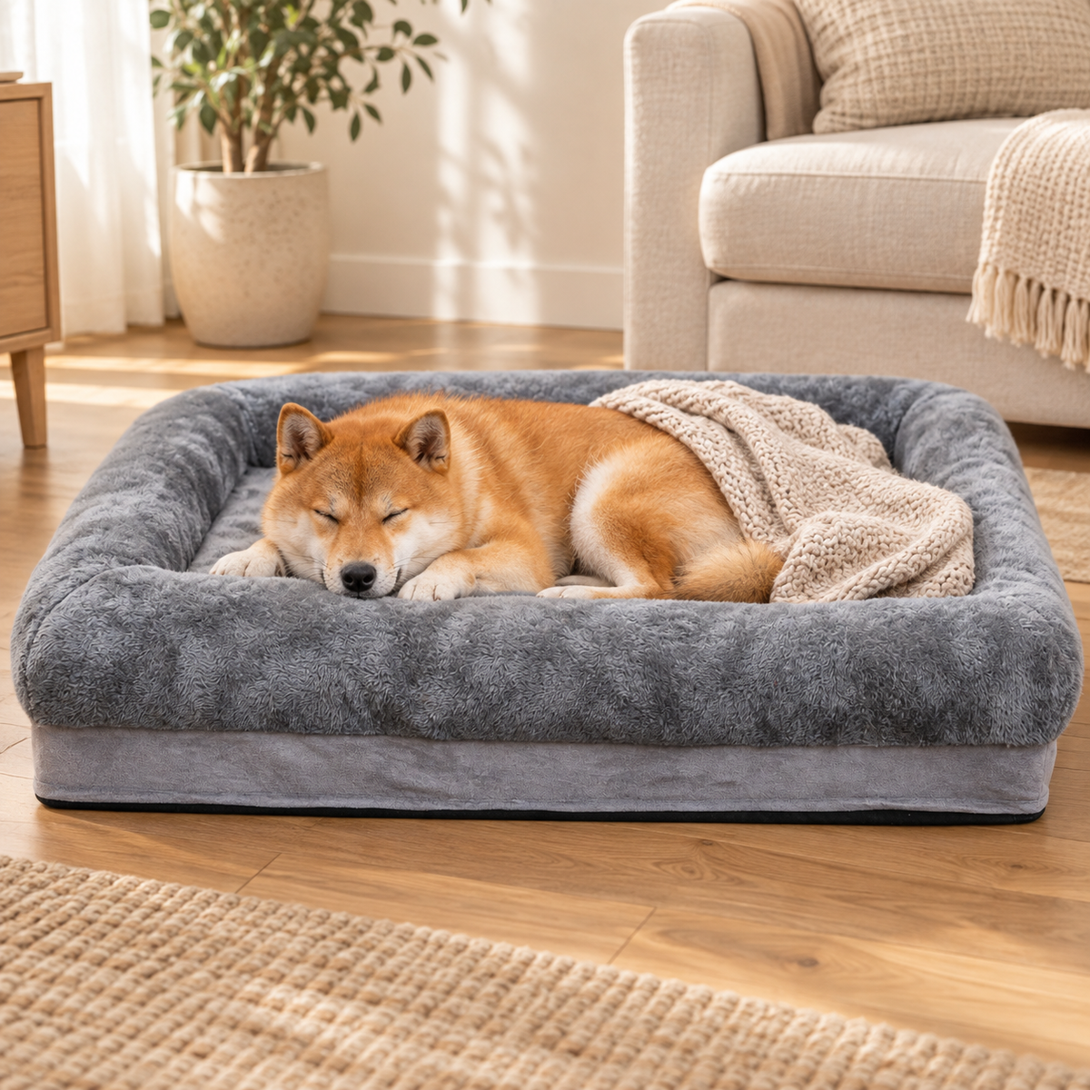 Shiba Inu sleeping in grey dog bed; blanket shown for styling