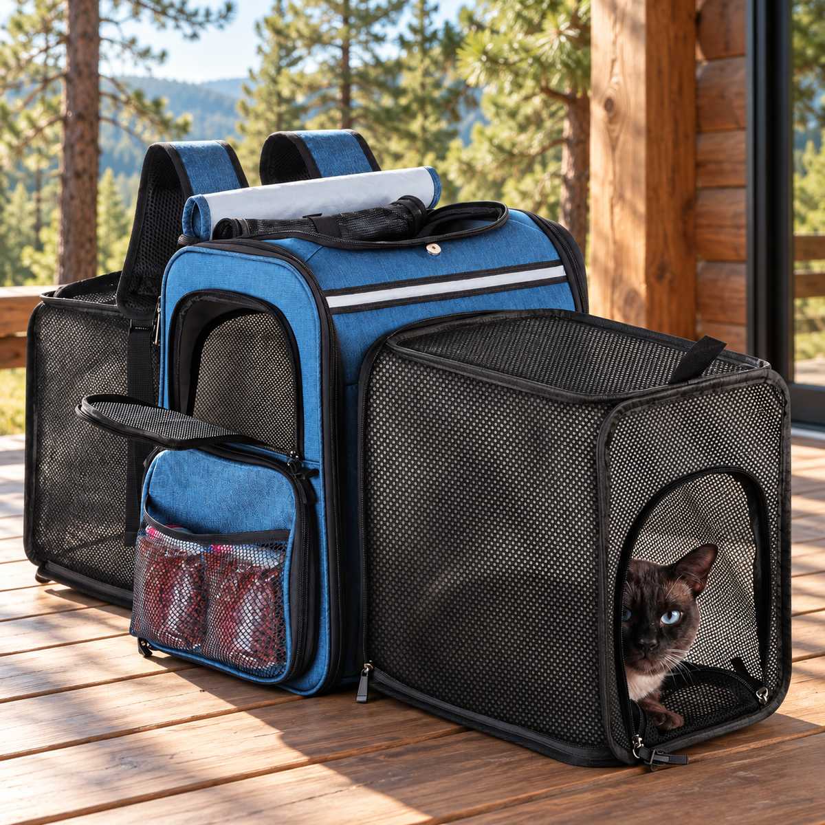 Blue expanded pet backpack with a Siamese cat on a cabin deck
