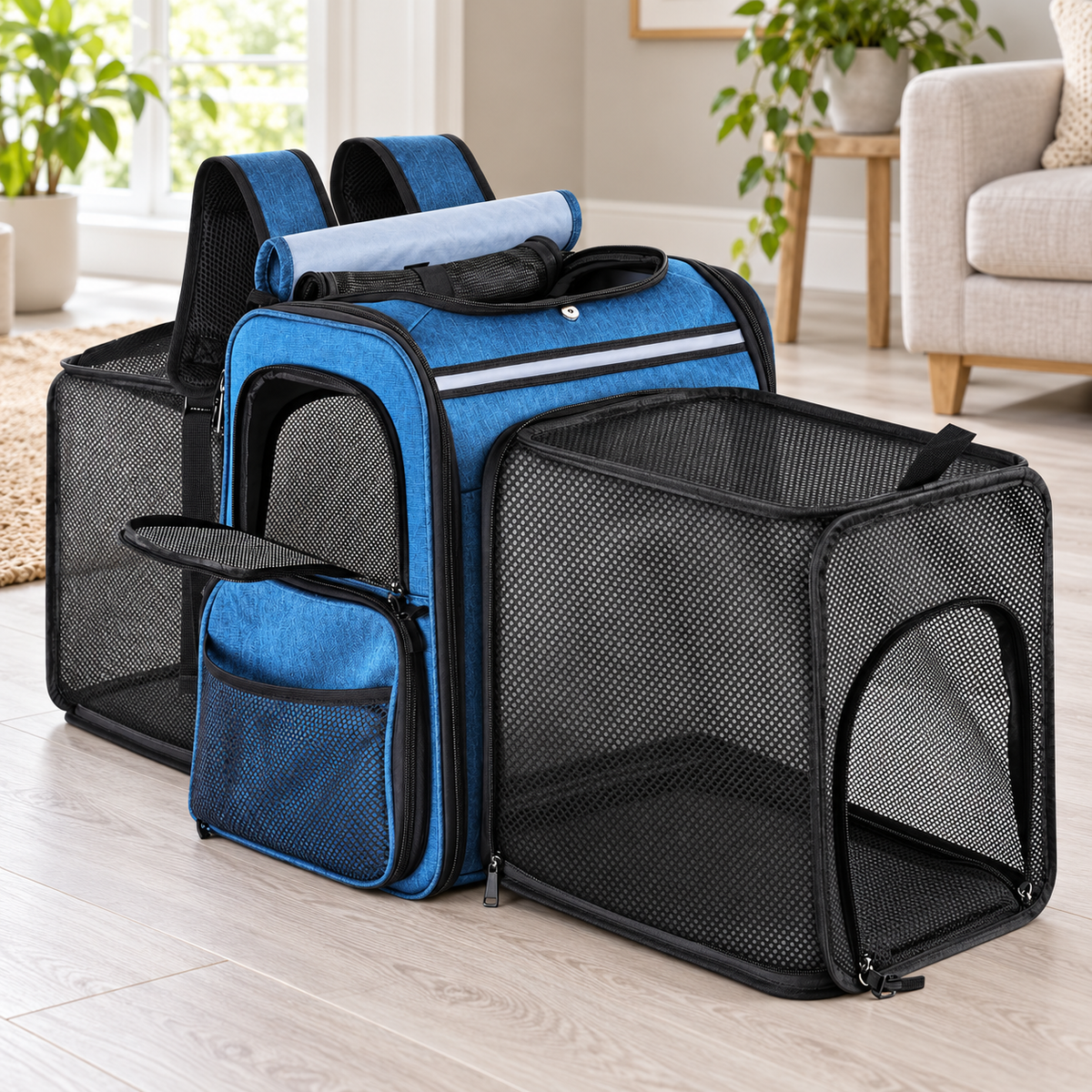 Empty dual-expandable blue pet backpack in a bright living room
