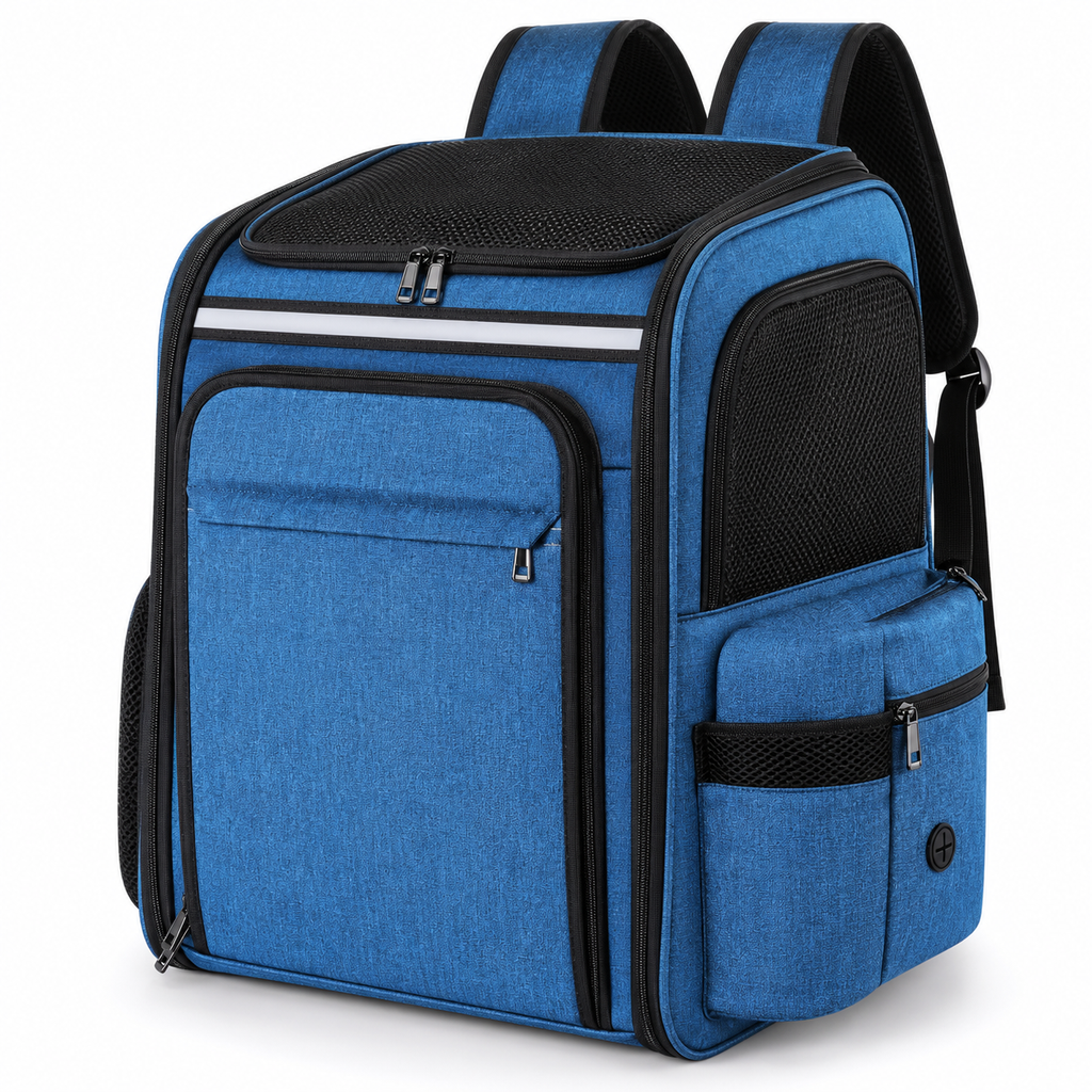 Empty blue Groxkox pet backpack on white