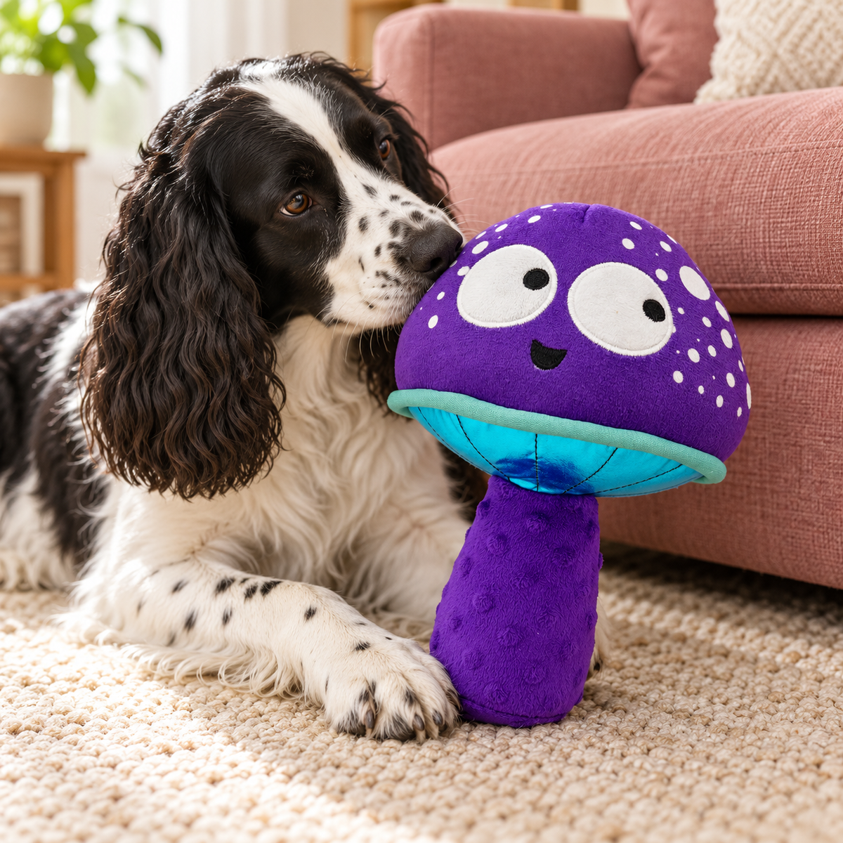 Spaniel investigating a purple Huxley and Kent Mellow Mushroom plush toy beside a rose sofa