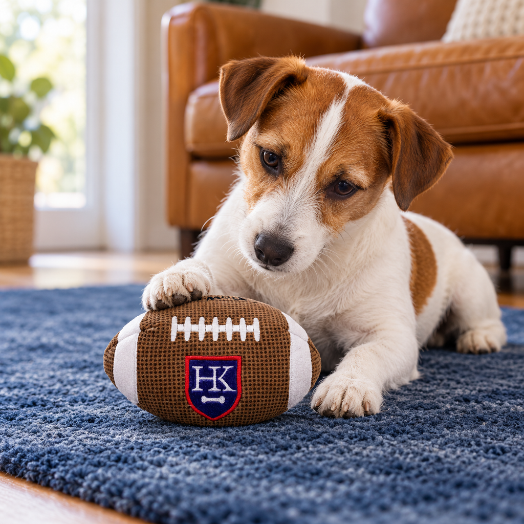 Small terrier with the Huxley and Kent plush football on a blue rug